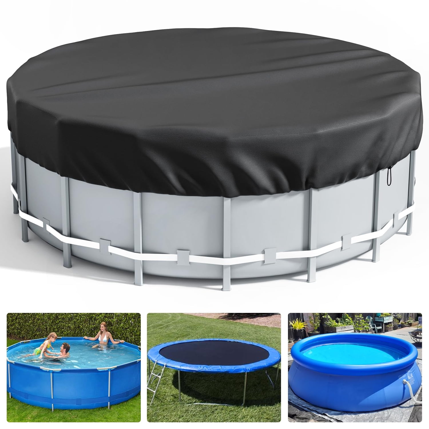 WIKCOVER 12Ft Round Pool Cover, Covers for Above Ground Pools, Inflatable Pool Cover Protector with Pool Accessories, Above Ground Pool Cover, Waterproof and Dustproof Swimming Pool Covers, Black