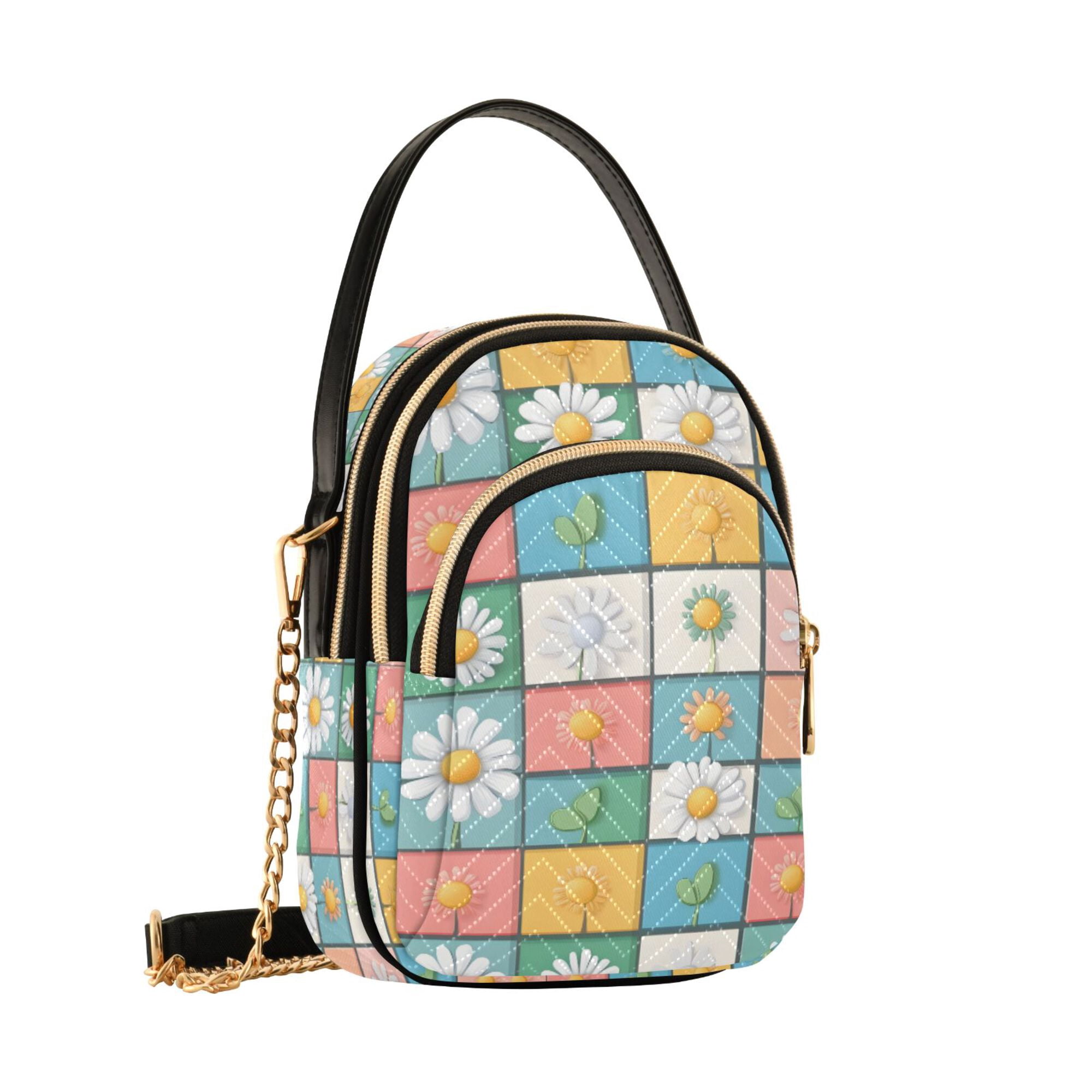 FORMRS Crossbody Bag for Women Quilted Travel Shoulder Cell Phone Purse with Chain Strap Handbag, Daisy Mosaic