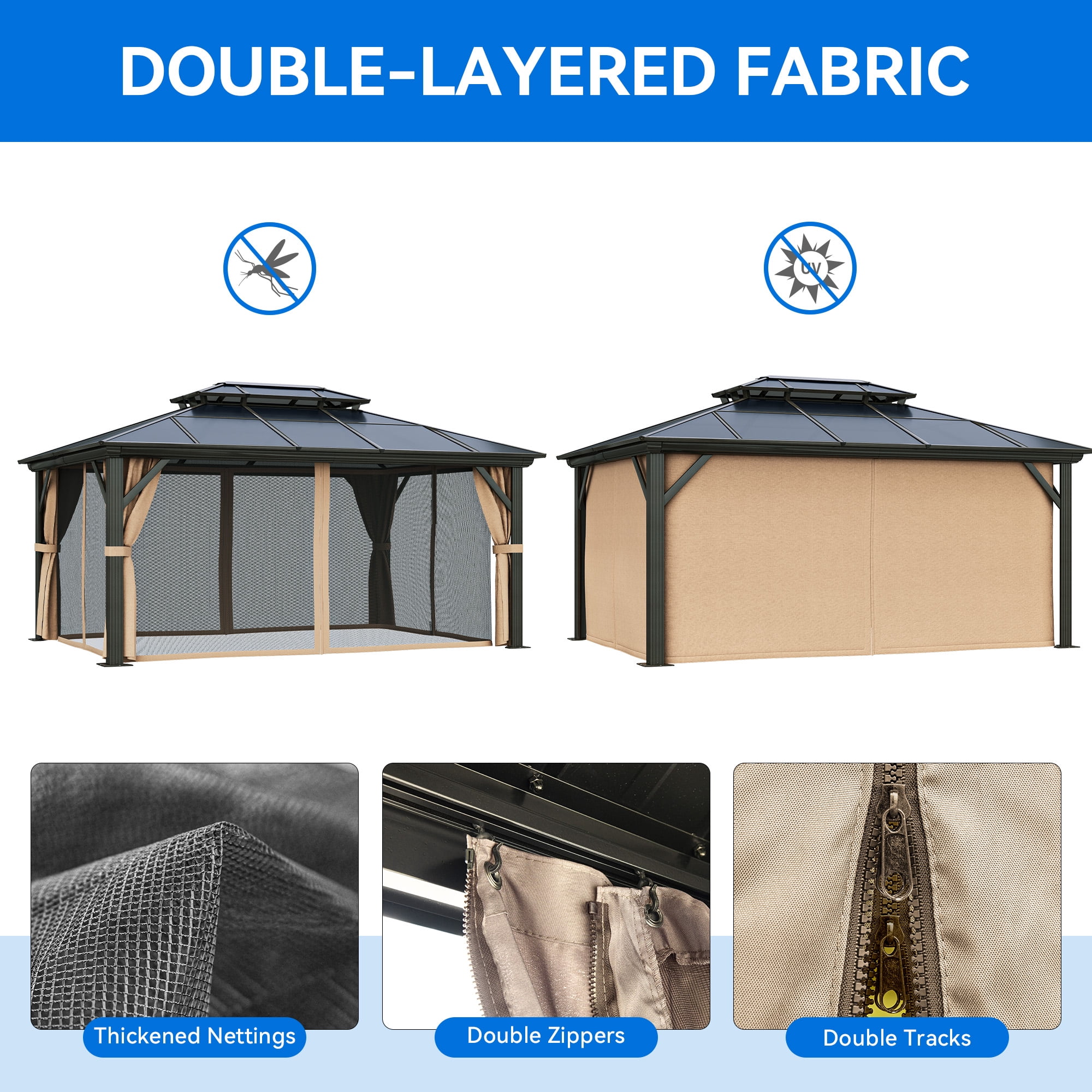Dextrus Dextrus 12x16FT Gazebo Hard-Top Double Roof Canopy Outdoor with Netting and Shaded Curtains, Aluminum Frame Hardtop Garden Tent for Patio, Backyard, Deck and Lawns