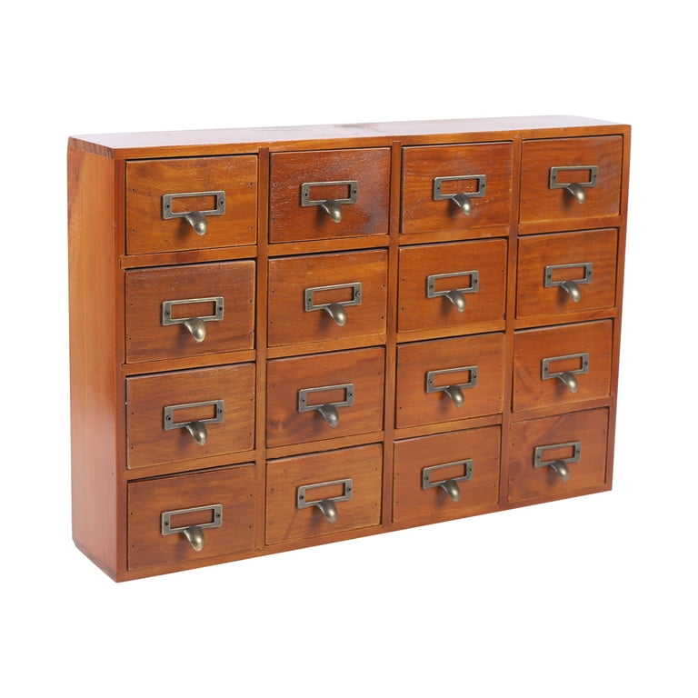 Loyalheartdy 16 Drawers Desk Drawer Organizer Retro Apothecary Medicine Cabinet Wooden Storage Box Label Holder 20x4x14In, Size: 19.69 x 3.94 x 13.78