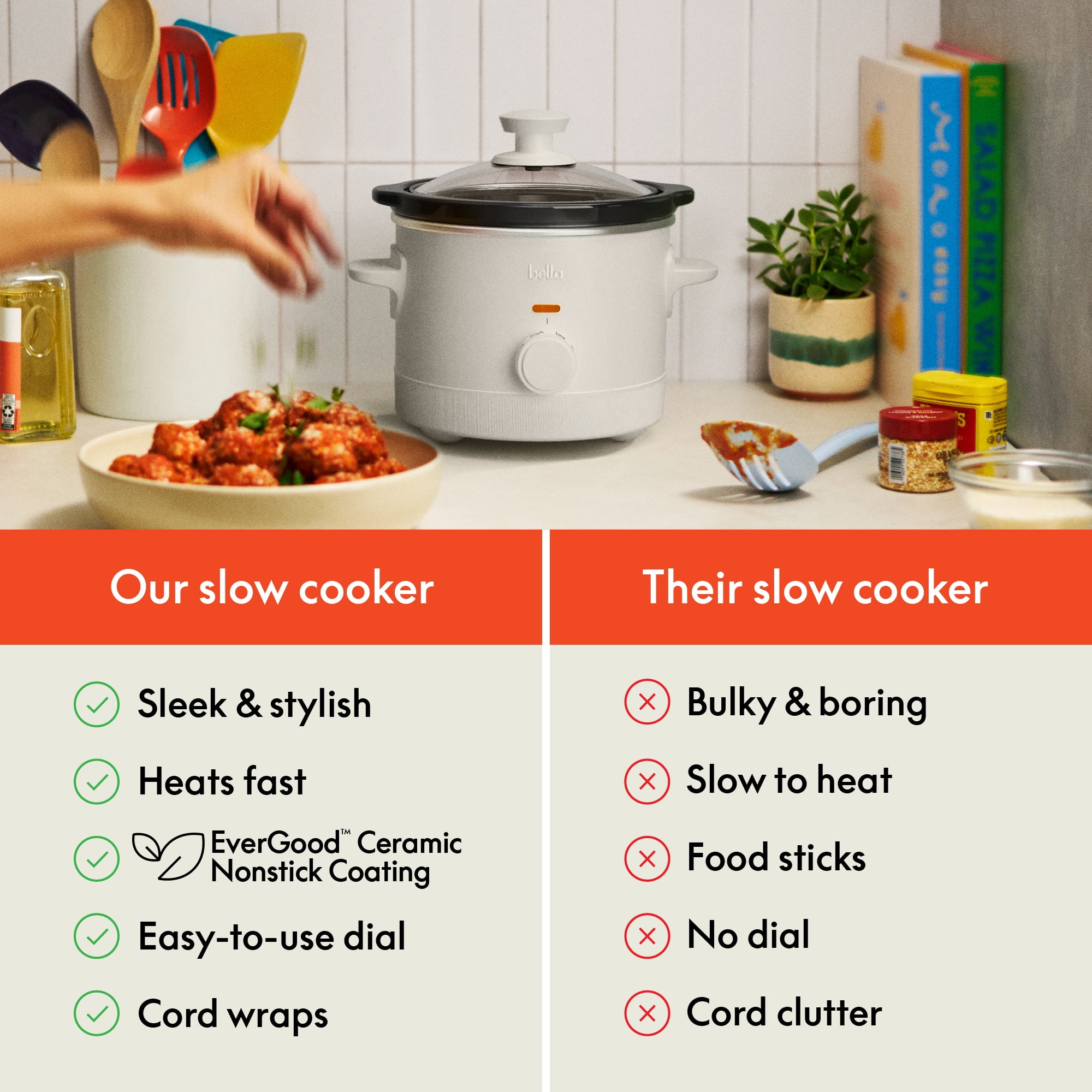 bella 1.5 Qt Manual Slow Cooker with 3 Heat Settings, Ceramic Nonstick Coating, Dishwasher Safe Pot & Tempered Glass Lid, Oatmilk