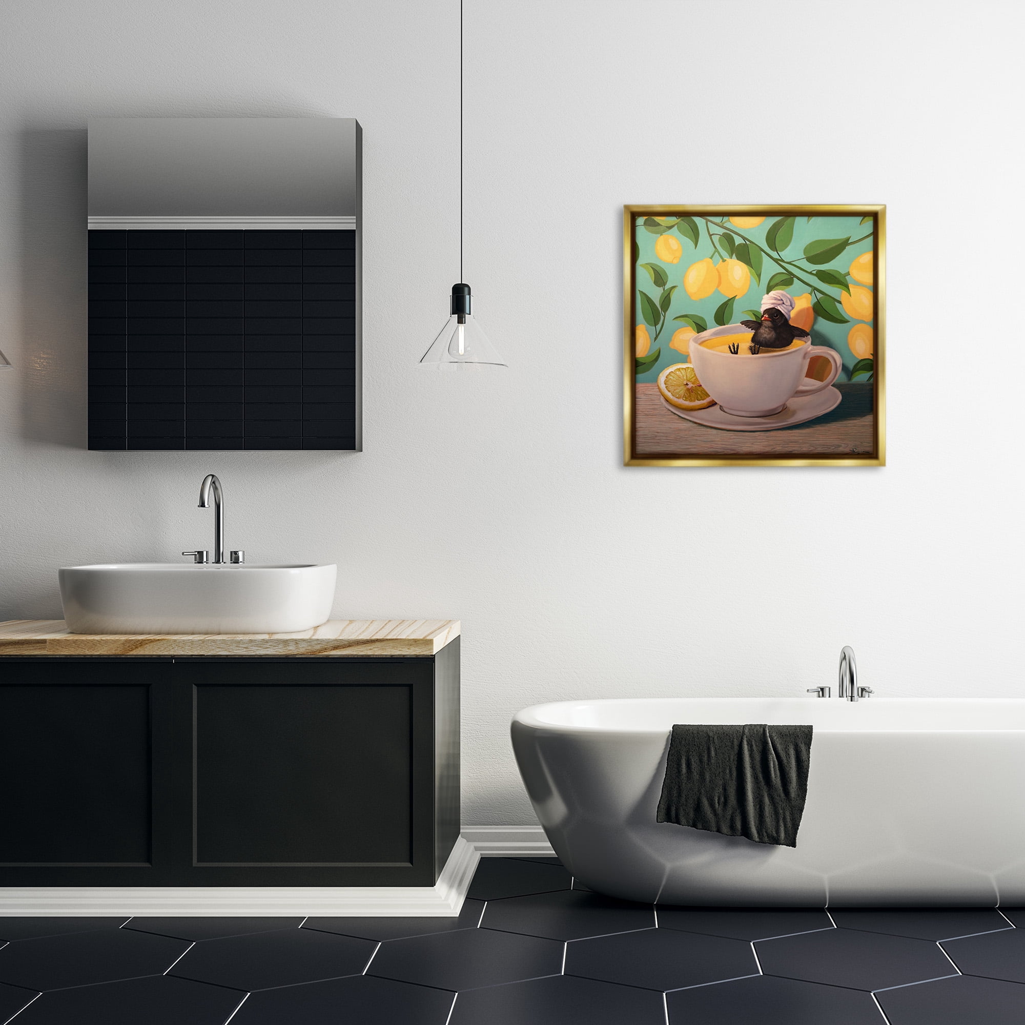 Stupell Industries Bird Bathing Lemon Tea Animals & Insects Painting Gold Floater Framed Canvas Art Print Wall Art, 25 x 25