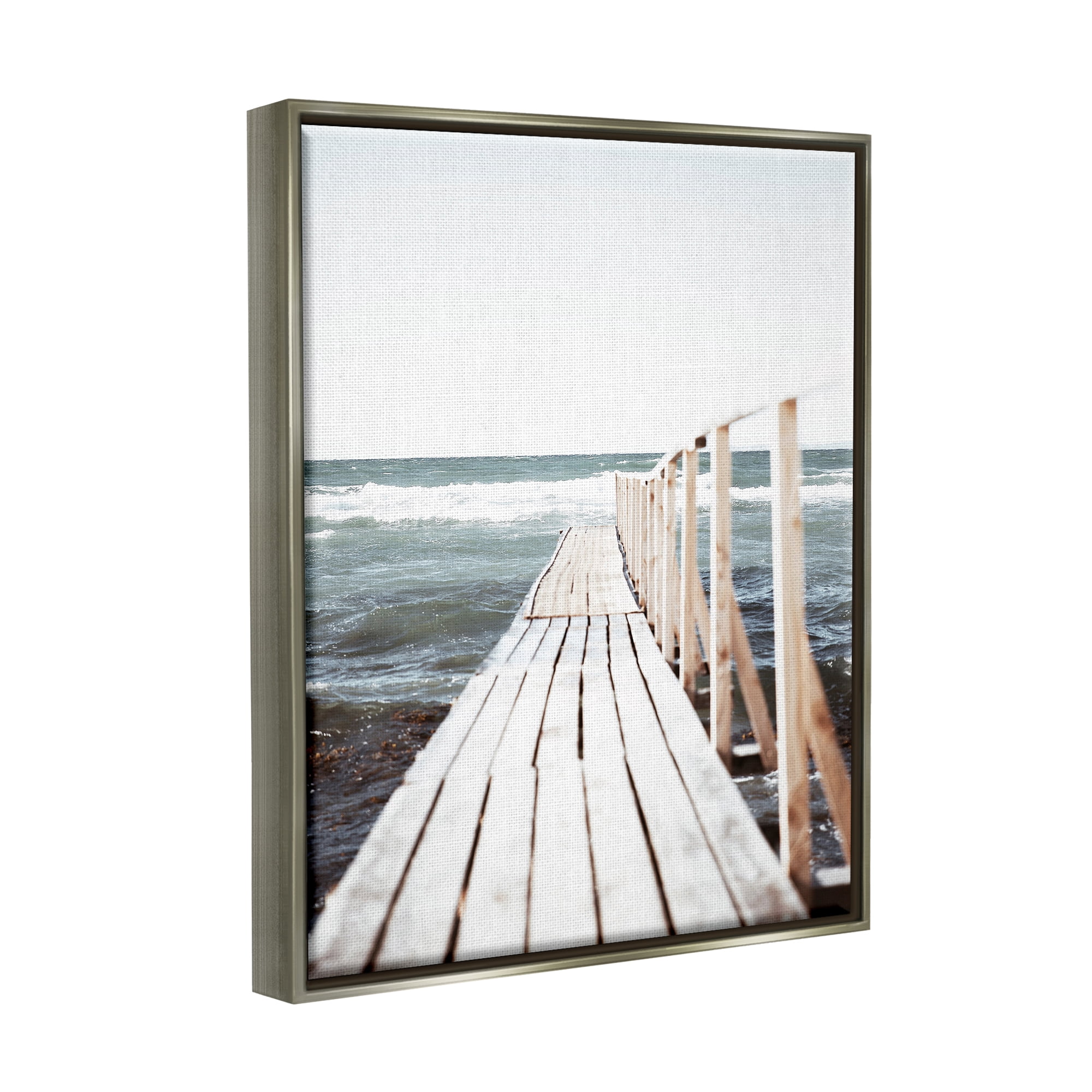Stupell Industries Ocean Bay Dock Boardwalk Horizon Coastal Photography Gray Floater Framed Art Print Wall Art