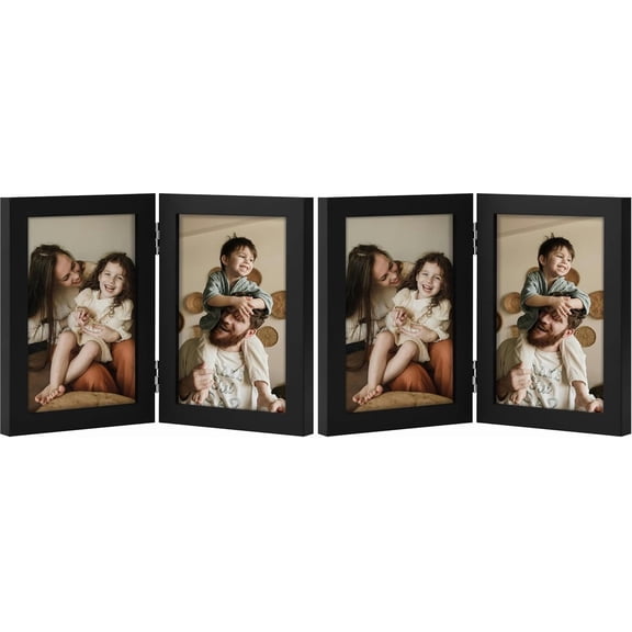Double 4x6 Picture Frame Vertical, Engineered Wood Bifold Photo Frame with Plexiglass for Tabletop Display, 4x6, Black (Pack of 2)