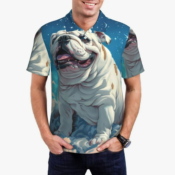Saiise Starry Sky Cloud Bulldog Print Mens Golf Shirt Moisture Wicking Quick-Dry Print Performance Polo Shirts for Men-X-Large