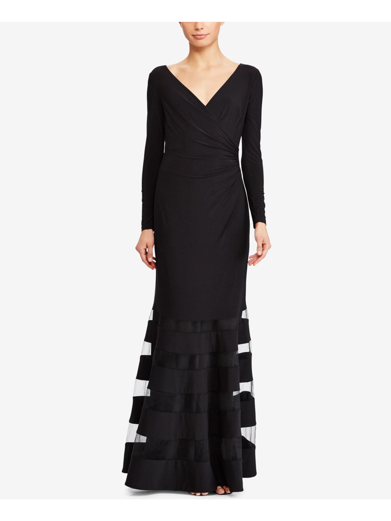 Ralph Lauren - RALPH LAUREN Womens Black Tulle Gown Long Sleeve V Neck