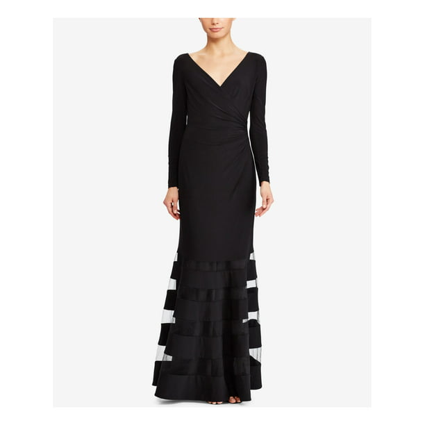 Ralph Lauren Ralph Lauren Womens Black Tulle Gown Long Sleeve V Neck