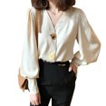 thumbnail image 3 of Camisa de mujer Cuello en V Verano Color sólido Linterna Manga larga Botón Top, Albaricoque, XXL Noticed AP001446-10, 3 of 7