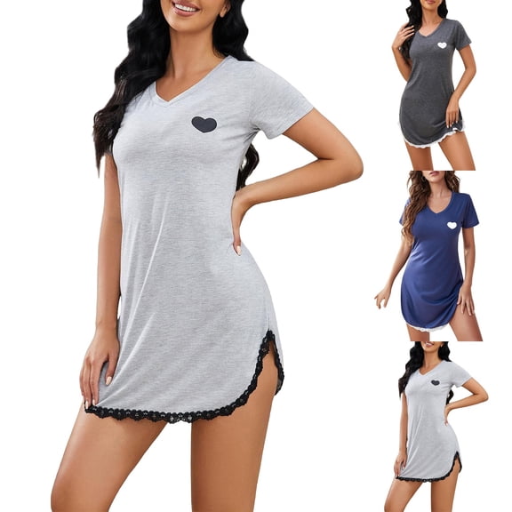 Endives Nightgown for Women Lace Trim High Slit Summer Short Sleeve Sleepshirt Heart Printed Sleepwear Soft Breathable Summer Pajama Dress White M