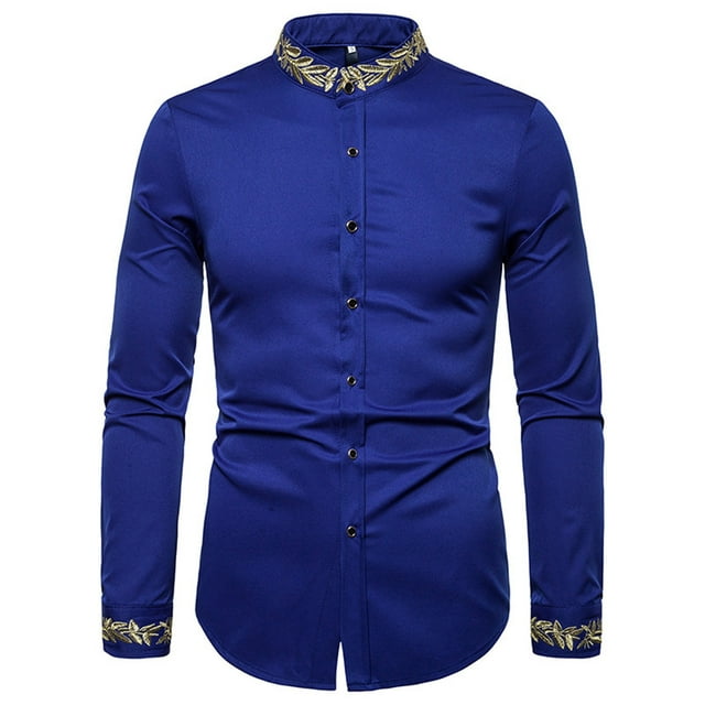 Camisa de blusa de manga larga bordada con botones casuales para hombres Pompotops oipoqjl30024