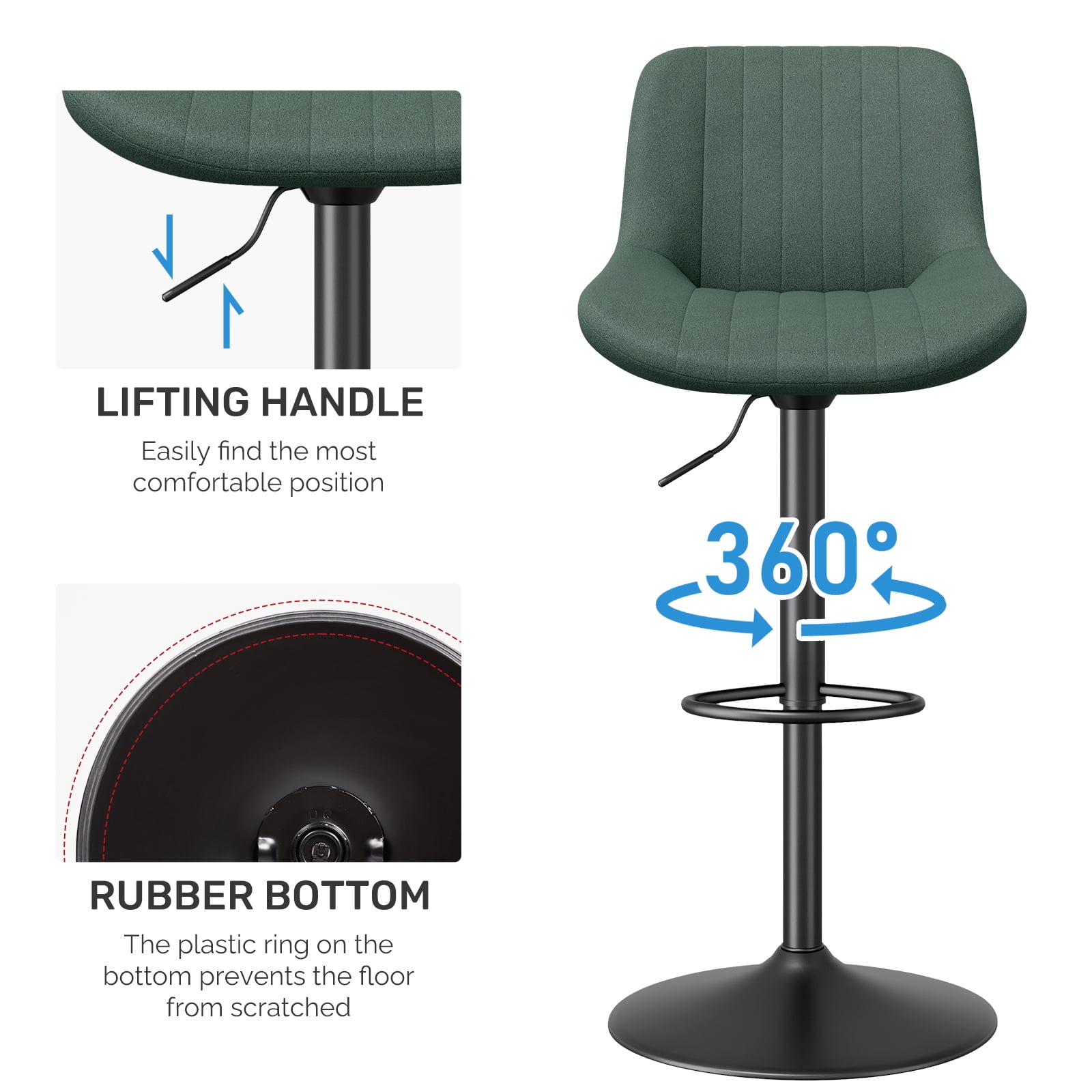 Daluvenix Adjustable Bar Stools Set of 4, Swivel Kitchen Bar Chairs with Back, Modern Tech Fabric Island Chairs for Home Kitchen, Green