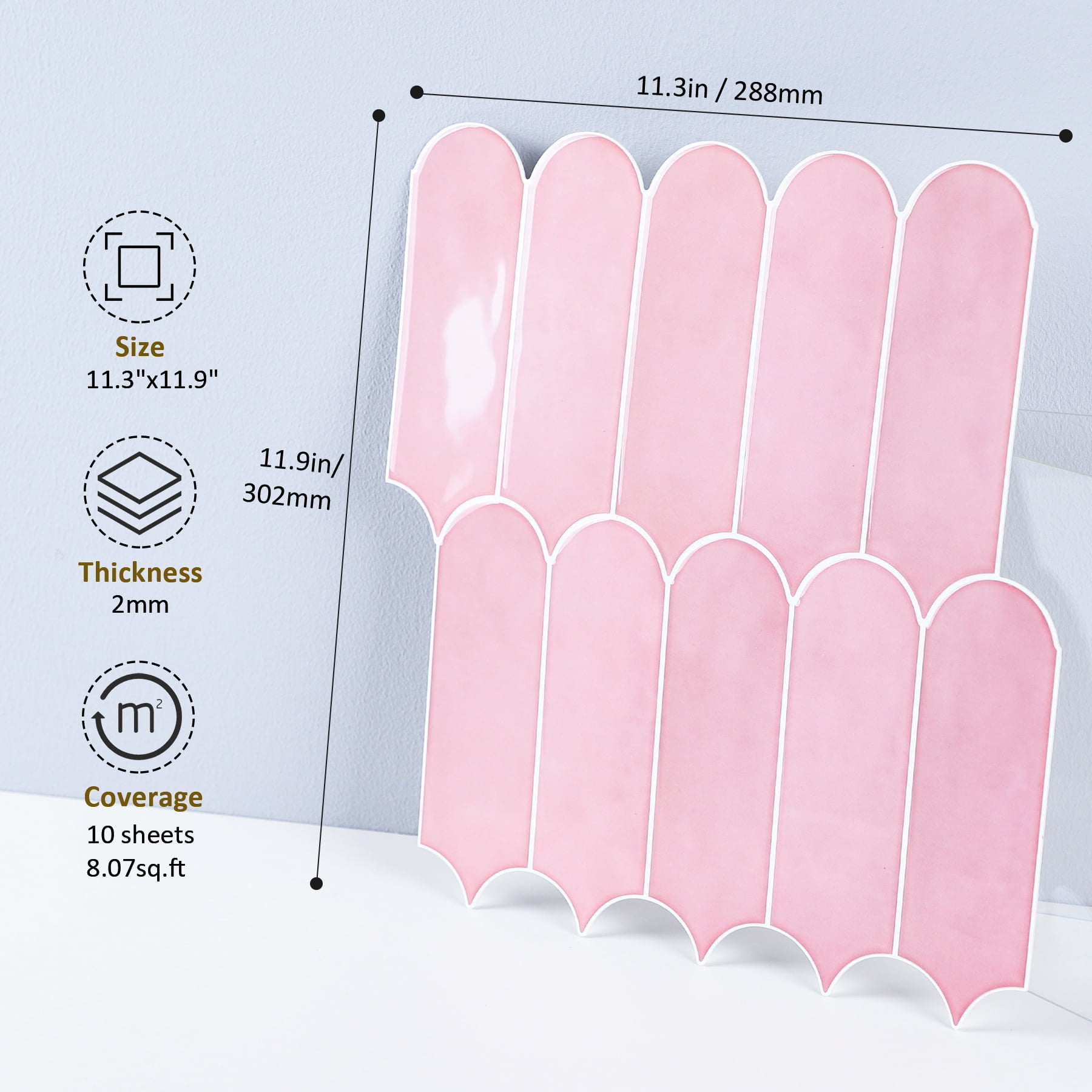 10-Sheet Peel and Stick Backsplash Tile, Self Adhesive Feather Backsplash Wall Tiles for Kitchen Bathroom (Thicker Design, Light Pink)