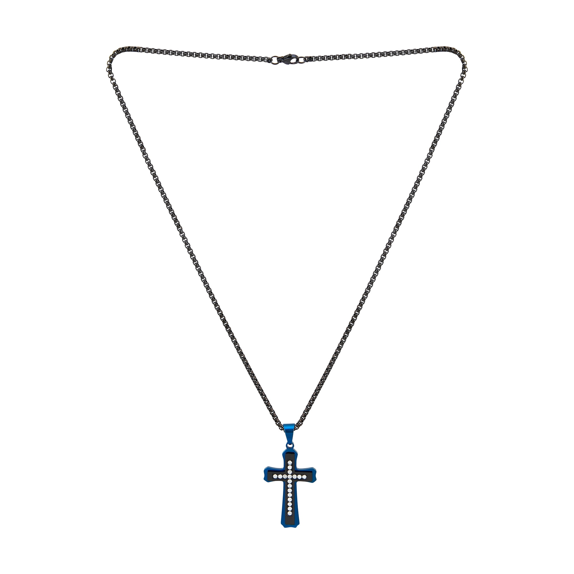 American Exchange Men's Diamond Stainless Steel Gunmetal/Blue Cross Pendant Necklace
