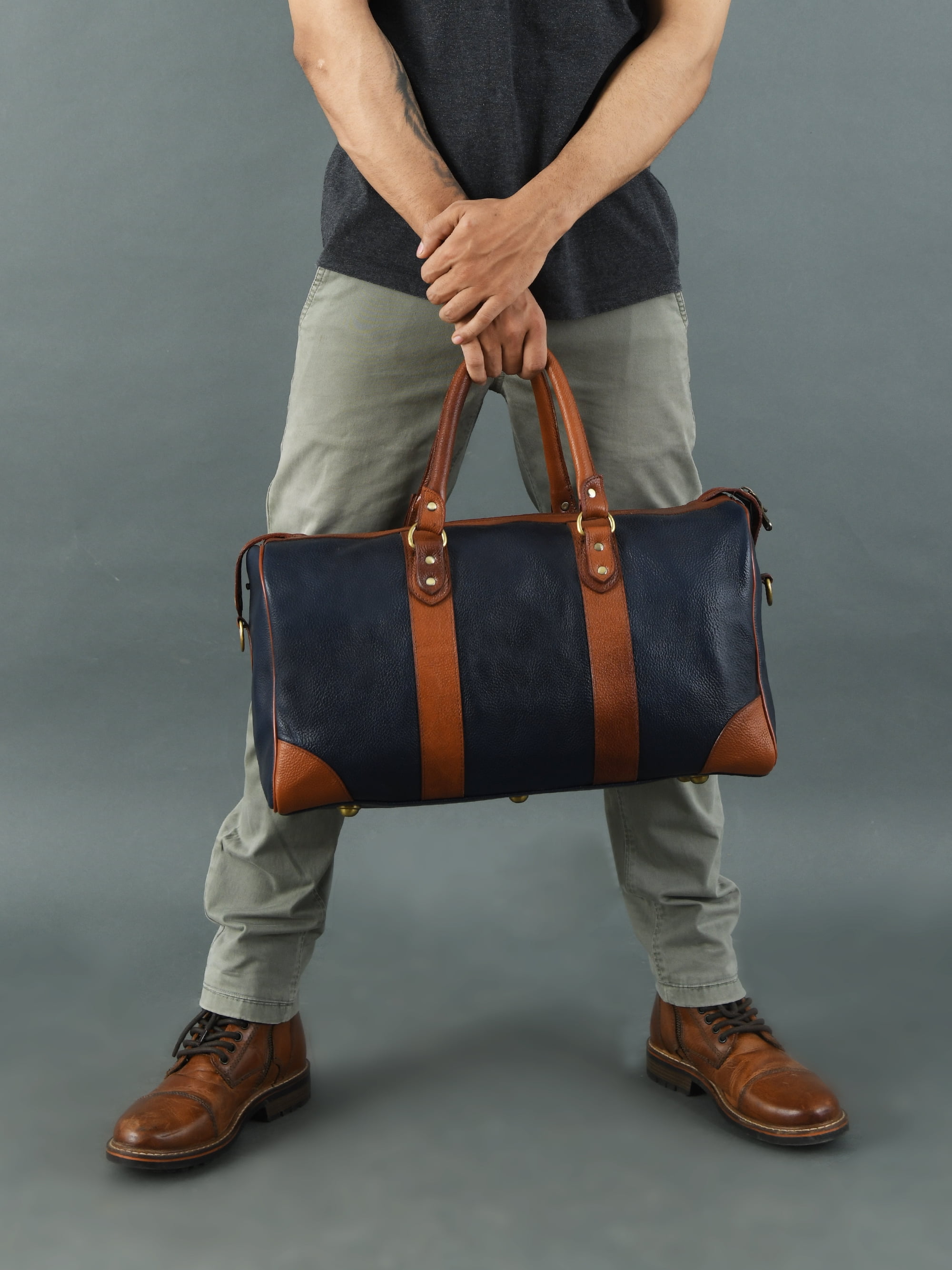 Leather Duffle Weekender Bag 18" – Handmade Soft Cowhide Travel Duffel for Men & Women with Brass Fittings, Navy Blue