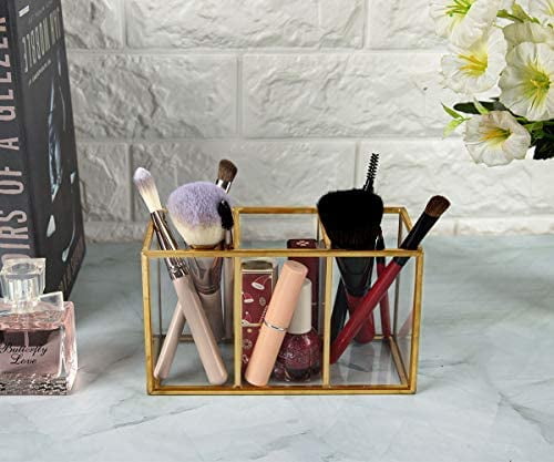 Acrylic Pen Holder 3 Compartments, Gold Pencil Organizer Cup for Countertop Desk Accessory Storage