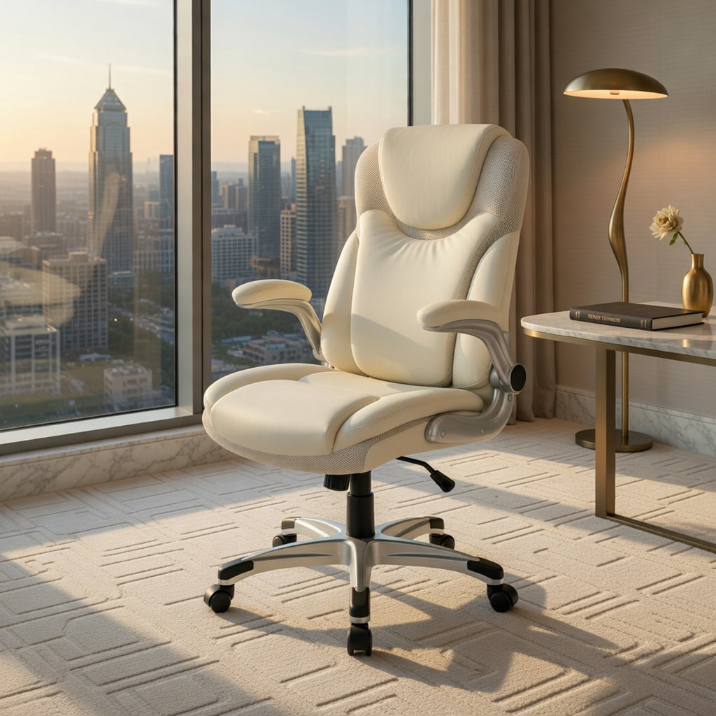 Demi Bonn Ergonomic Office PU Leather Executive Chair with Flip-up Armrests and Rocking Function, for Home, Bedroom, Study, White