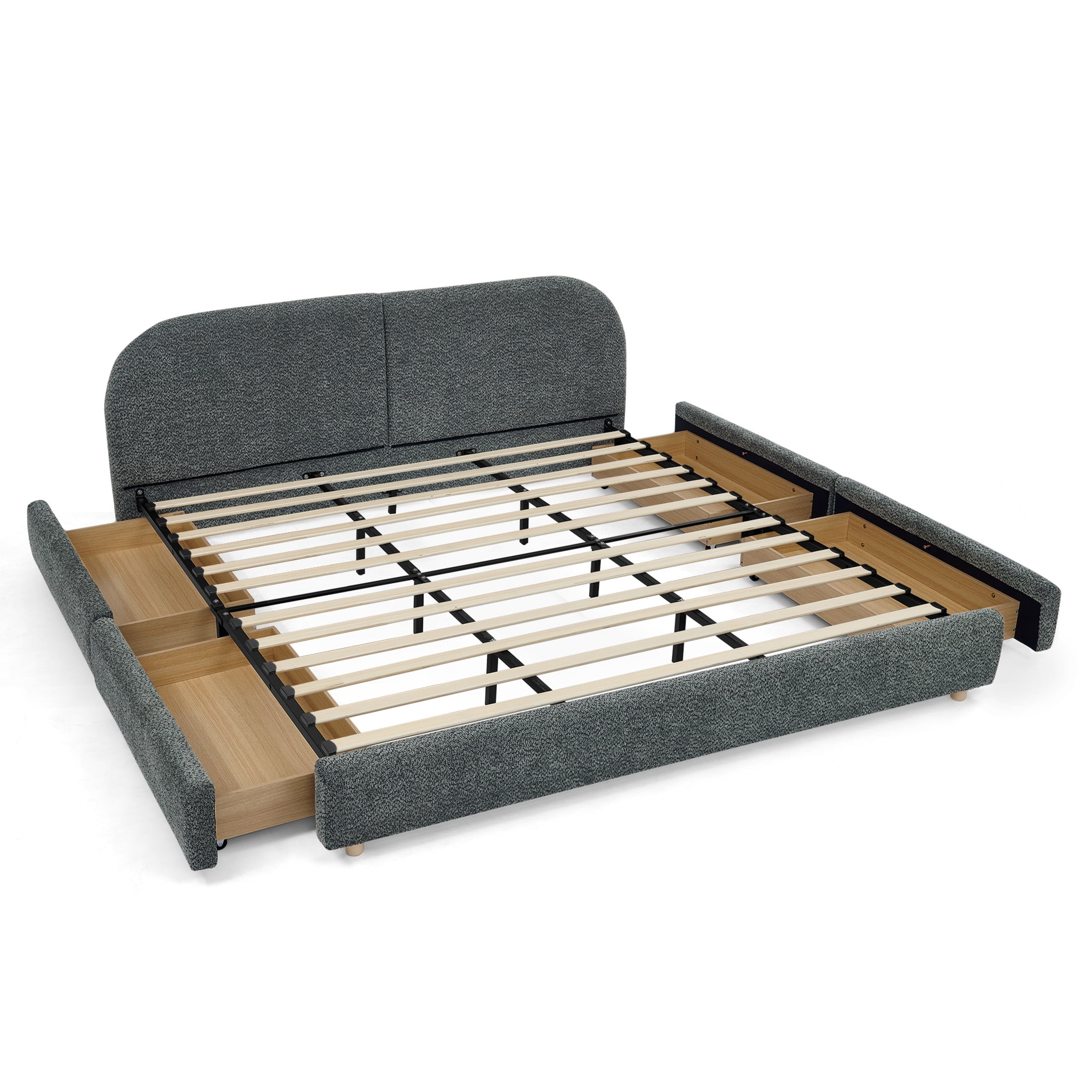 Noble House Elbert King Size Upholstered Bed Frame, Circle Yarn Tall Curved Headboard with Storage Drawers, Dark Gray