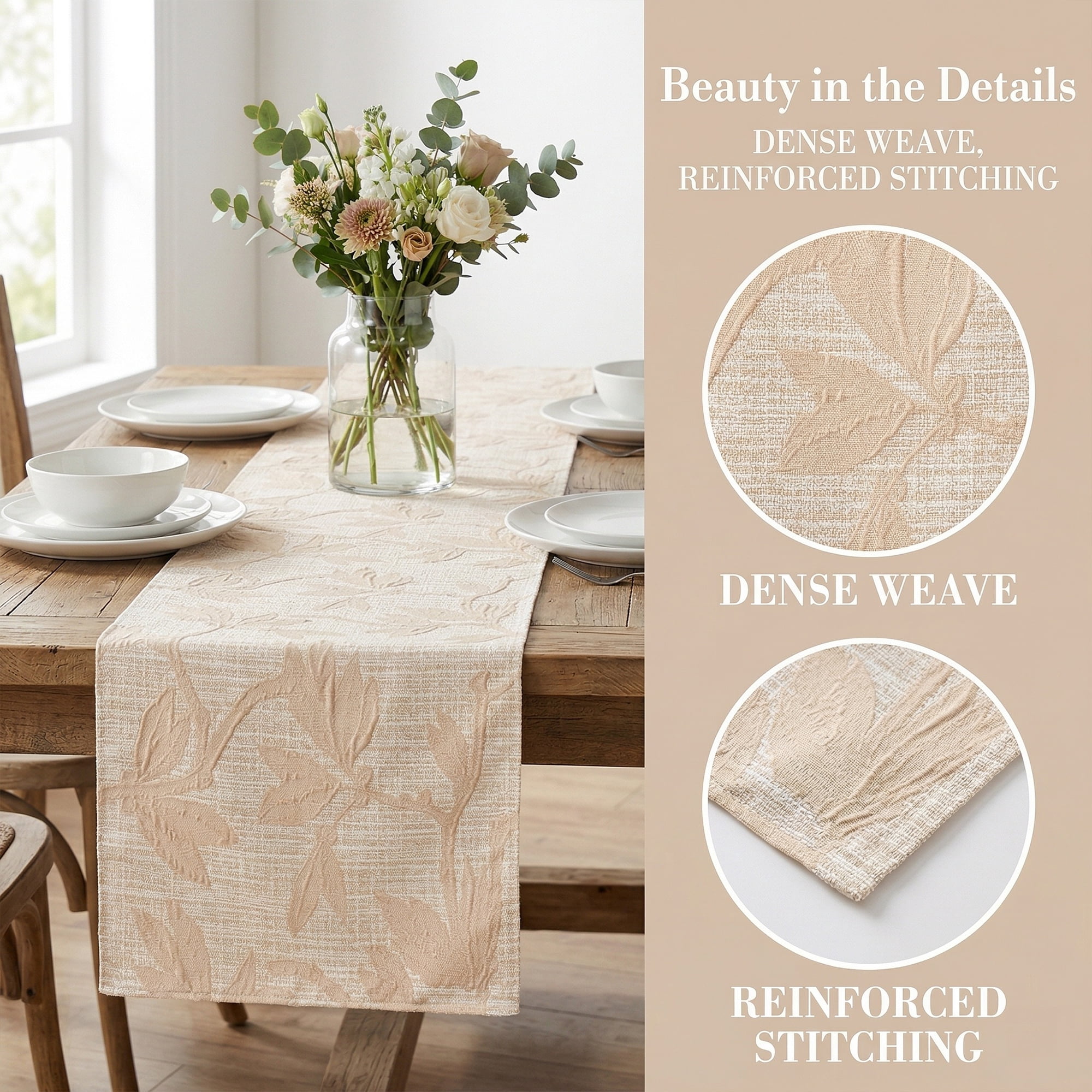 Unique Bargains Long Floral Polyester Table Runner for Kitchen Decor Beige 13.8"x70.9"