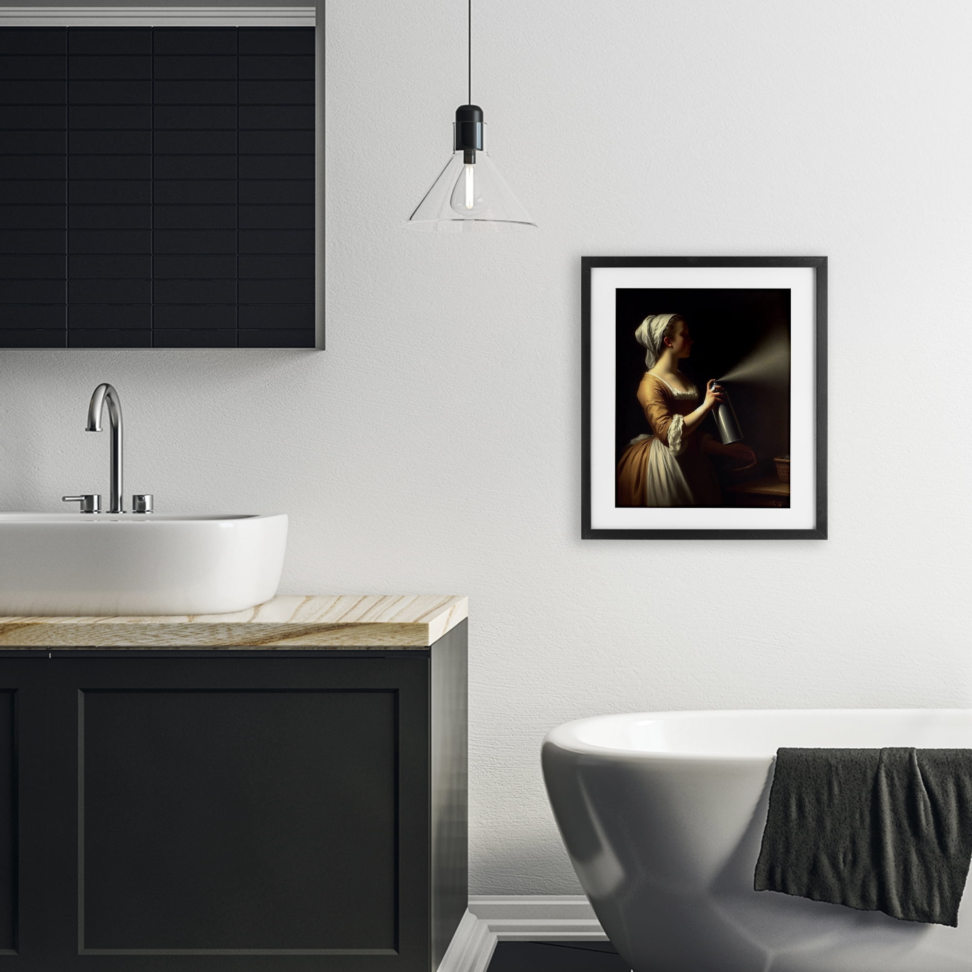 Funny Vintage Lady & Spray Paint Black Framed Print Under Glass, design by Lettered and Lined