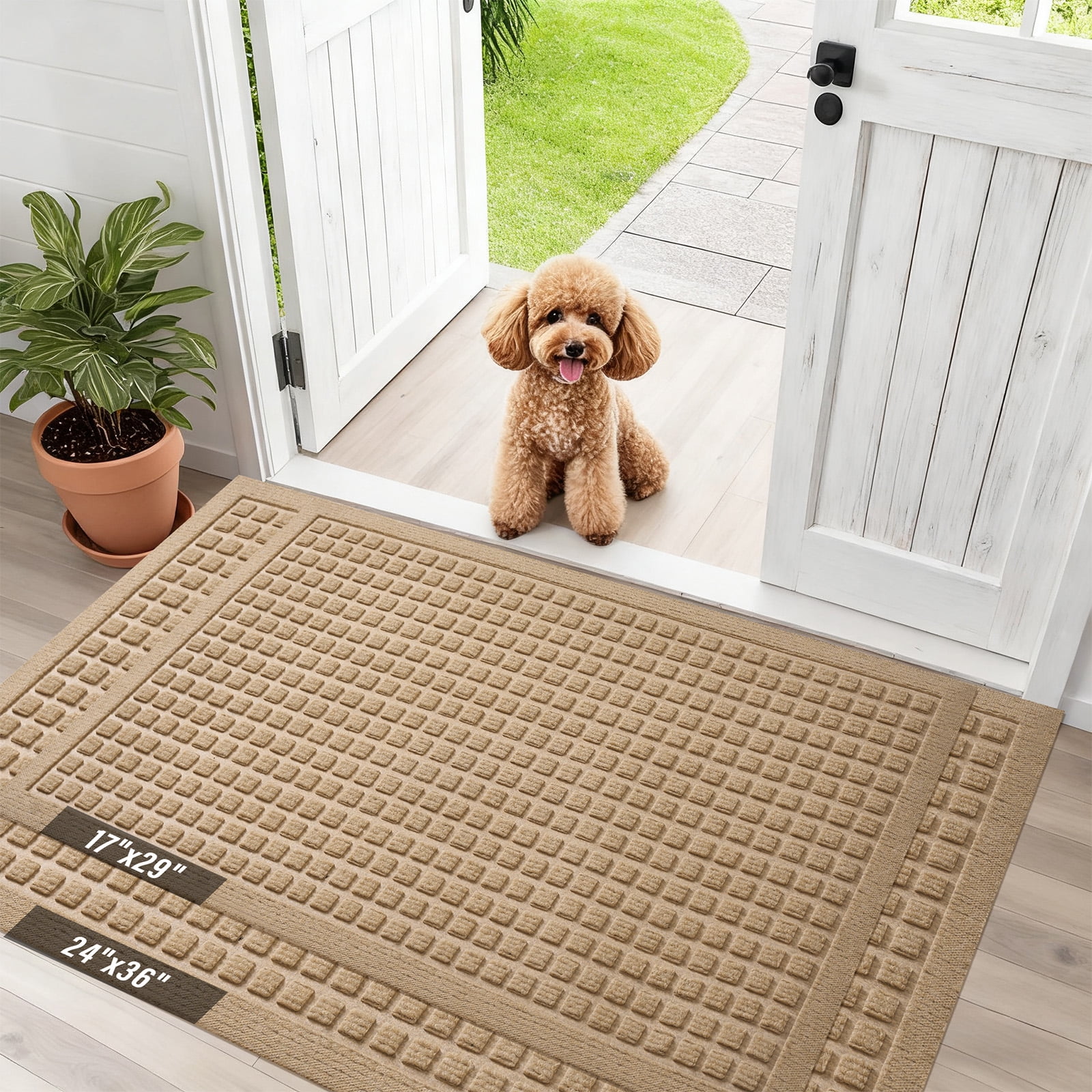 Front Doormat Non Slip Outdoor Mat 17"x29", Dirt Trapper TPE Welcome Mats Outdoor Indoor Rug, Durable Easy Clean Low Profile Doormat for Garage ,Entryway .Patio .High Traffic Areas, Beige