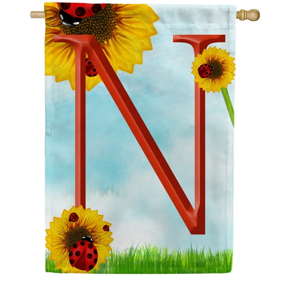 America Forever Summer Sunflower Ladybugs Monogram House Flag Letter N 28 x 40 inches Yellow Floral Spring Double Sided Vertical Outdoor Yard Lawn Decorative Yellow Hello Sunshine House Flag