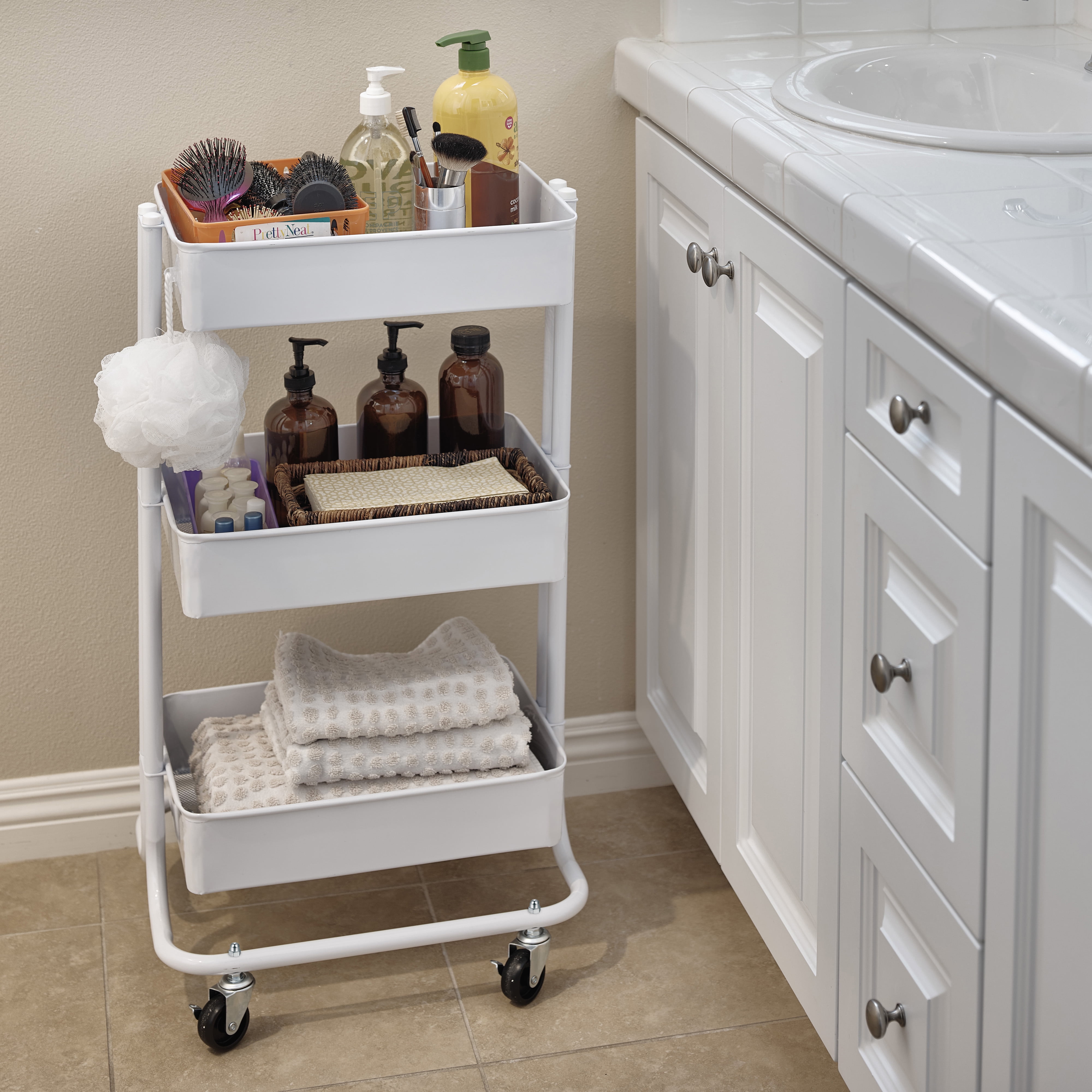 Mainstays 3 Tier Metal Utility Cart, Arctic White, Easy Rolling, Indoor, Adult and Child