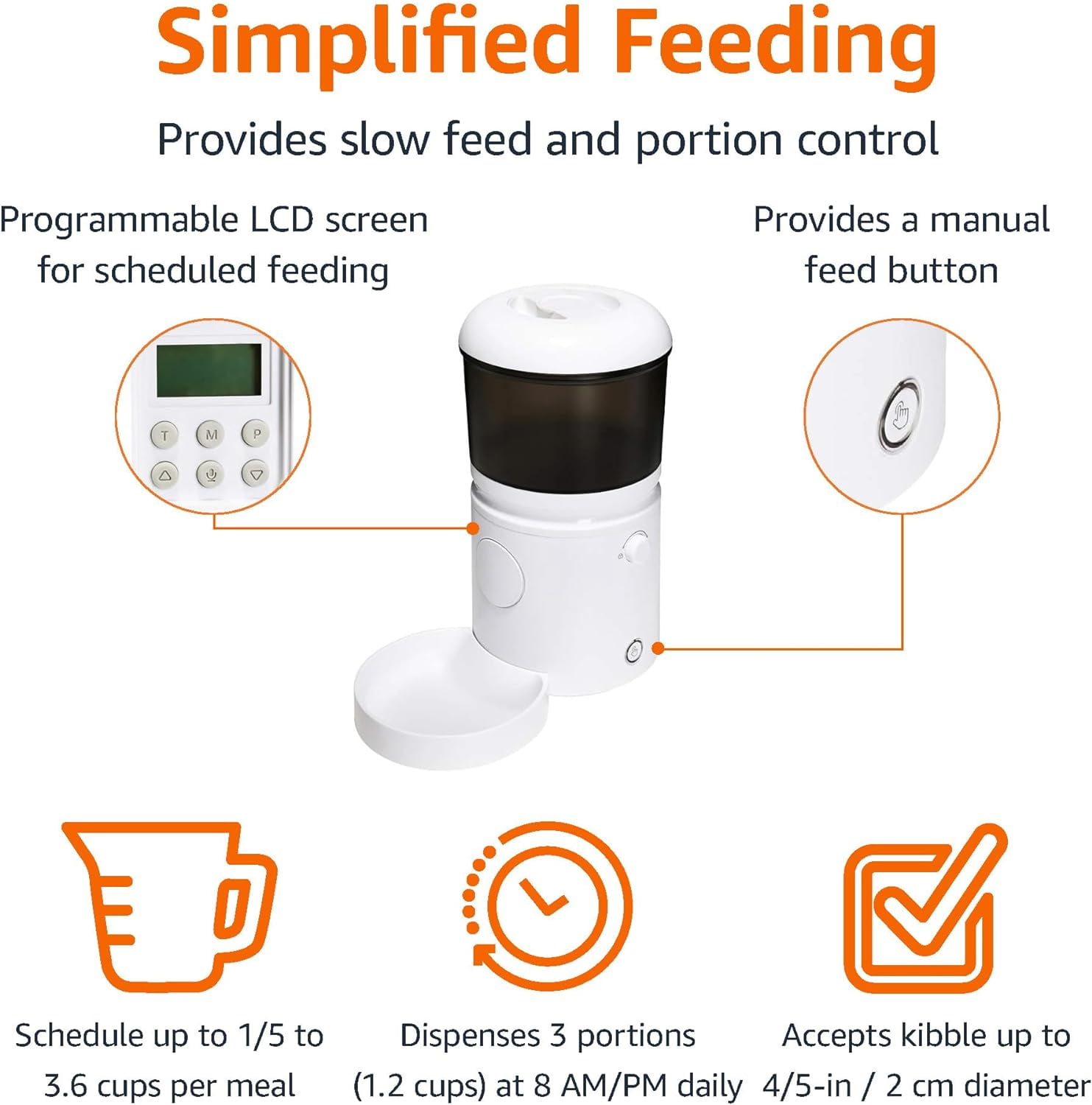 Automatic Cat Feeder with Programmable Voice Recorder, Slow Feed, Portion Control, 4L Capacity, White