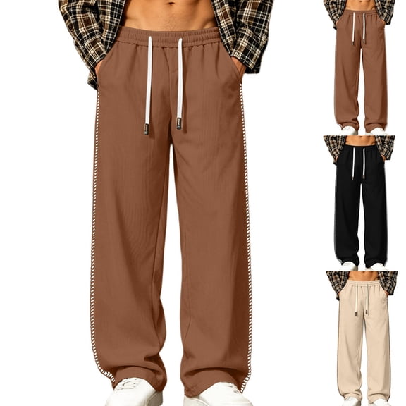 Mens Wide Leg Sweatpants Side Stripe Drawstring Elastic Waist Loose Pants with Pockets Fall Winter Casual Straight Loose Workout Athletic Pants