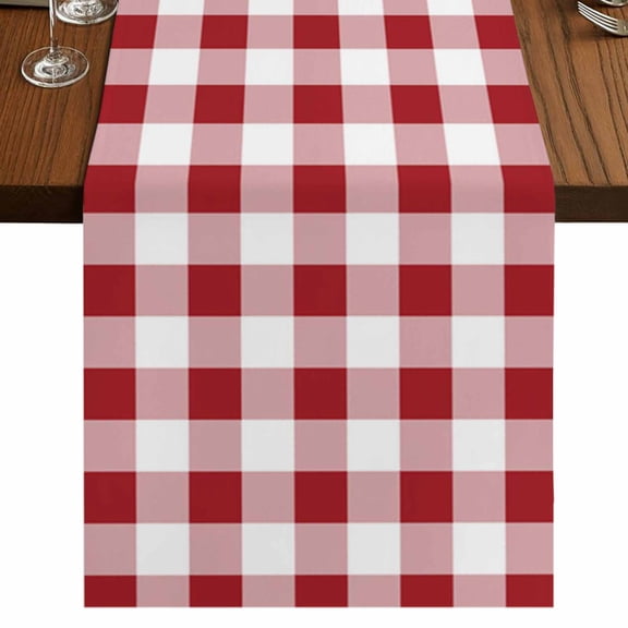 Farmhouse Red Plaid Short Table Runner 48 Inches Long, Rustic Red White Checkered Cotton Linen Table Runners Dresser Scarves, Fabric Tabletop Scarf Furniture Cover for Home Dinner Party Decor 13"x48"