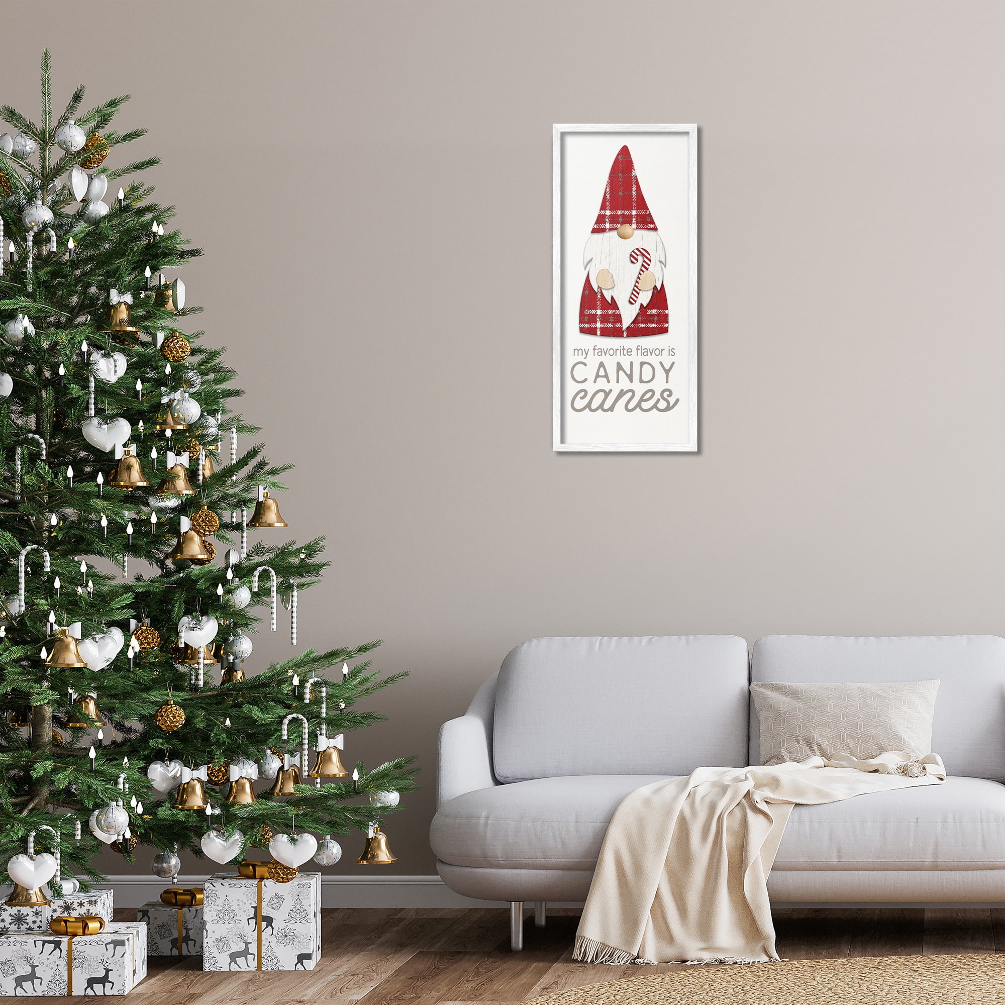 Stupell Industries Christmas Gnome with Candy Cane Holiday Painting White Framed Art Print Wall Art, 13 x 30