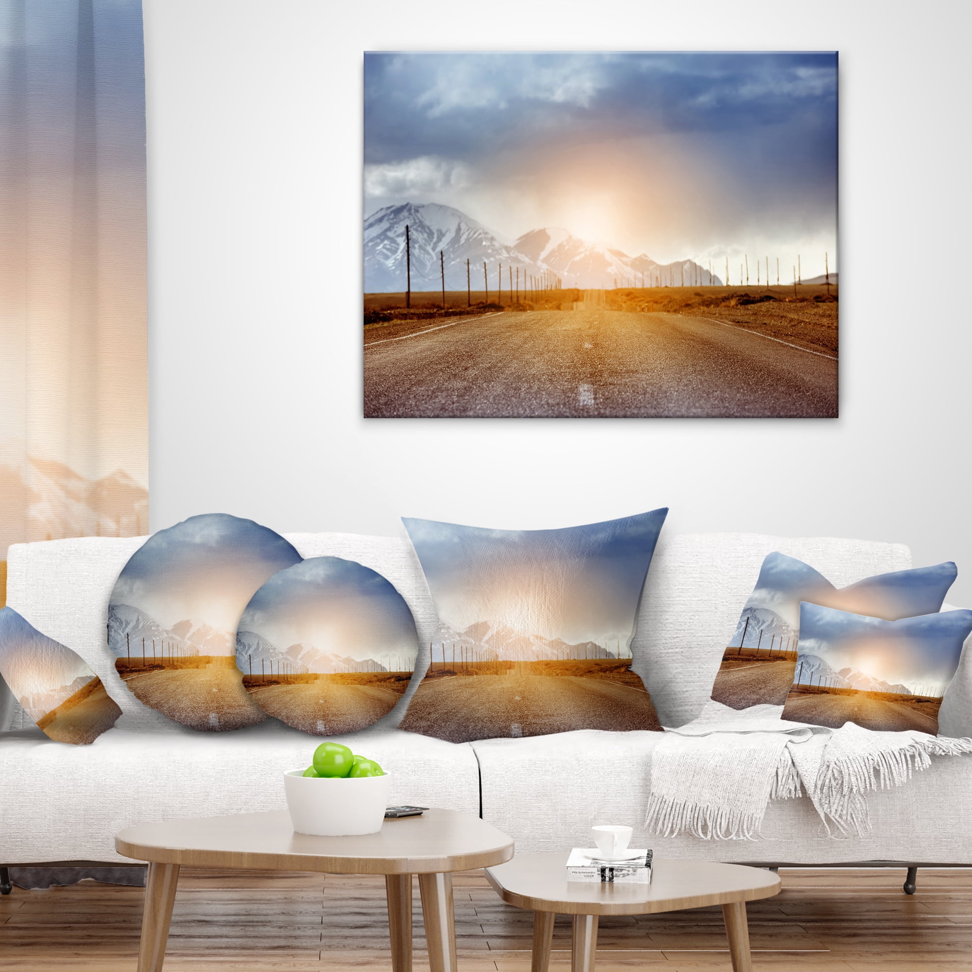 Designart Straight Road under Blue Sky - Landscape Printed Throw Pillow - 12x20