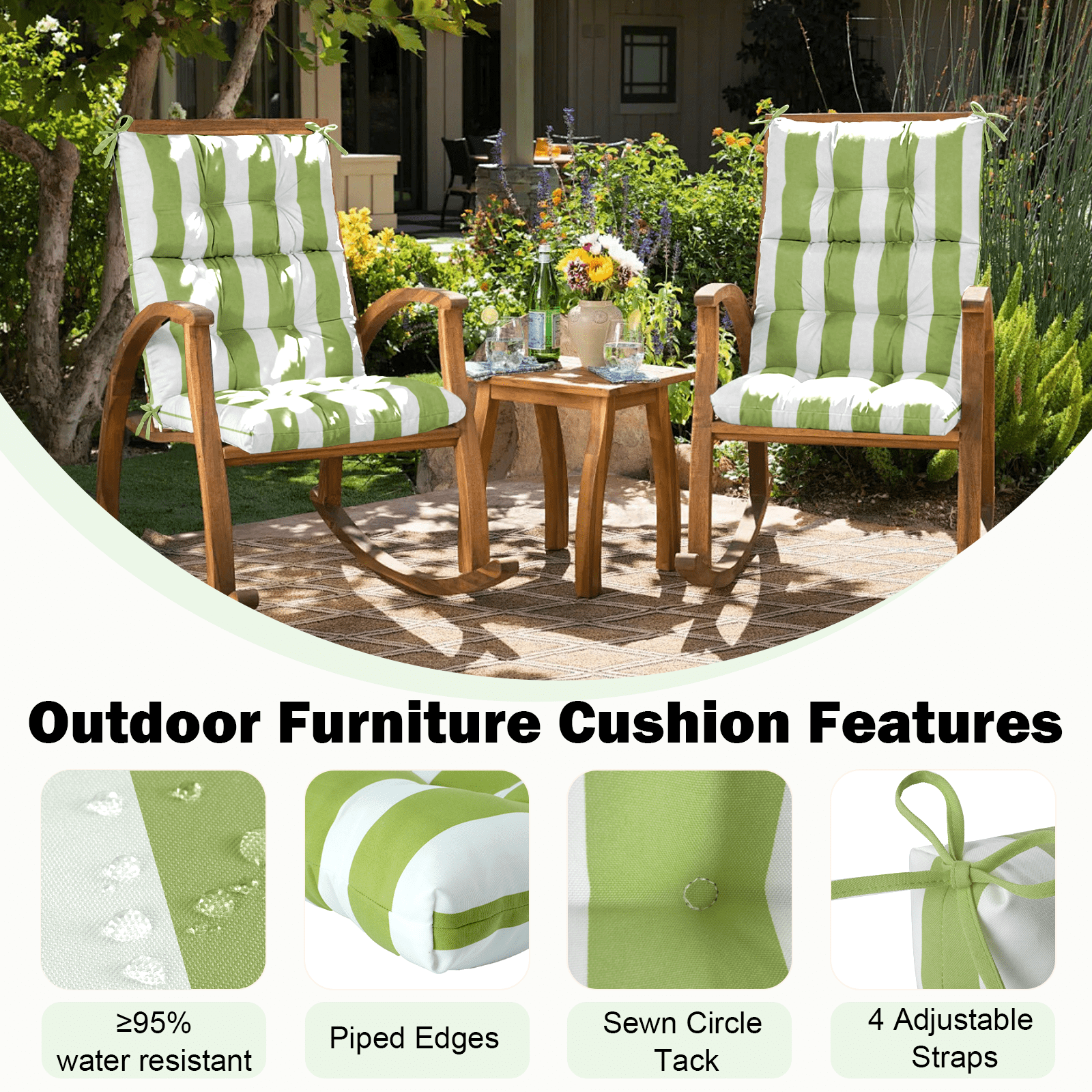 Vacmaster Patio High Back Chair Cushions Set of 2 - Outdoor Dining Chair Pads,Waterproof Replacement Seat Pad,for Rocking and Lounge Chairs,Indoor & Outdoor Furniture Cushions,Grass Green Stripes
