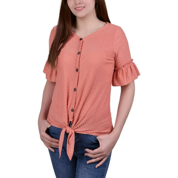 NY Collection Womens Petites Front Tie Ruffled Sleeves Pullover Top