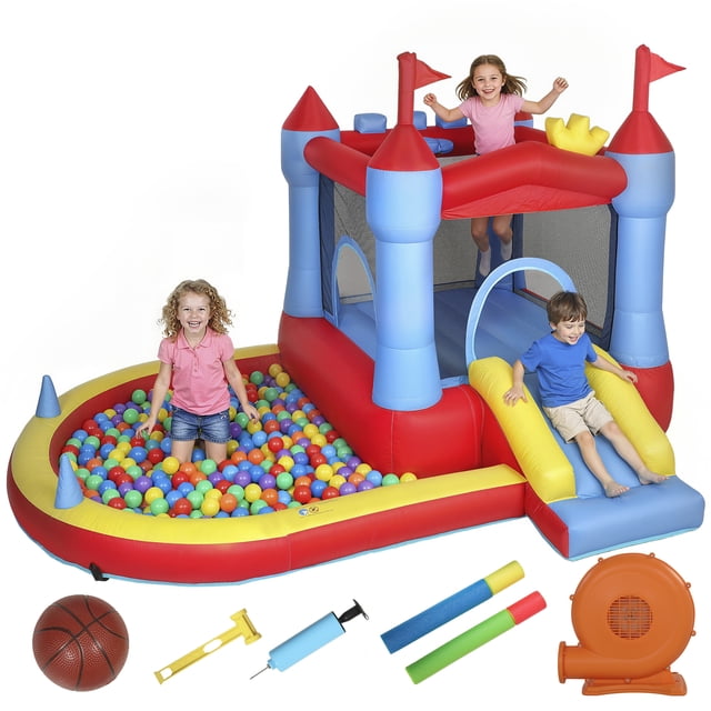 Qaba Bouncy Castle for Kids with Slide, Pool/Ball Pit, Basketball Hoop