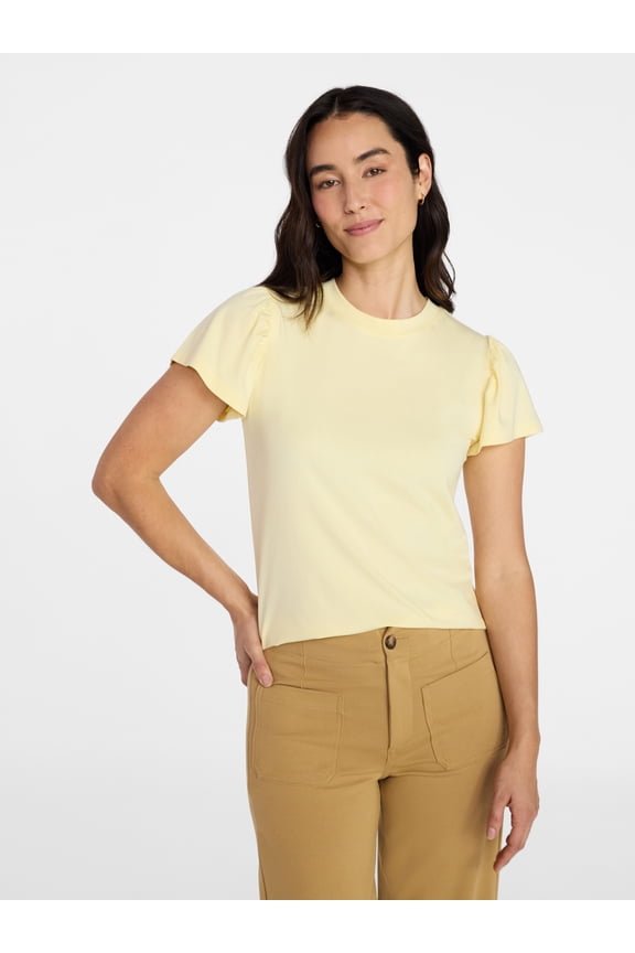 Women's Crewneck Top with Short Flutter Sleeves, Sizes XS-XXXL