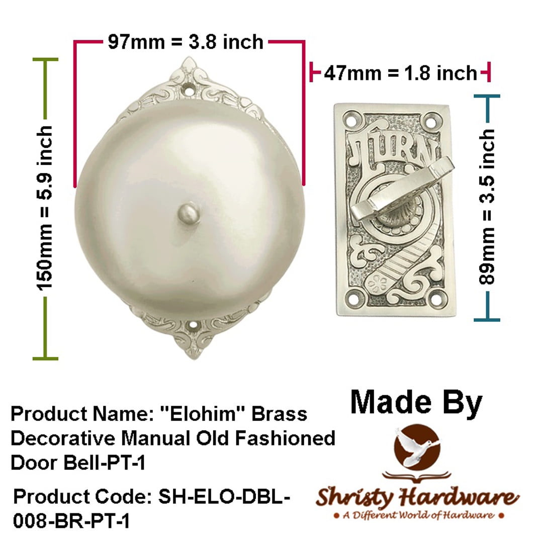 Shristy Hardware "Elohim" Brass Manual Old Fashioned Door Bell – Vintage Twist Bell with Key Plate – Mechanical Doorbell for Home – PT-1 (Pack of 1 Satin Nickel Finish)