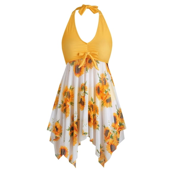 Dihao Women Plus Size Two Piece Swimsuit Sunflower Print Swimsuit with Built in Bra On Clearance