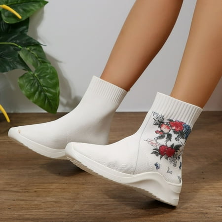 

Josdec Women s Boots Clearance madden nyc Boots Shoes Retro Pointed High-heel High Knight Embroidery Knit Boots White 39（7）