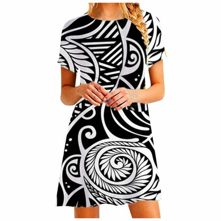 

Womens Summer Dresses Plus Size Vintage Print Tshirt Dress Abstraction Graphic Short Sleeve Dress