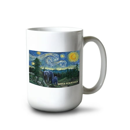 

15 fl oz Ceramic Mug Upper Peninsula Michigan Starry Night Bear and Cub Dishwasher & Microwave Safe