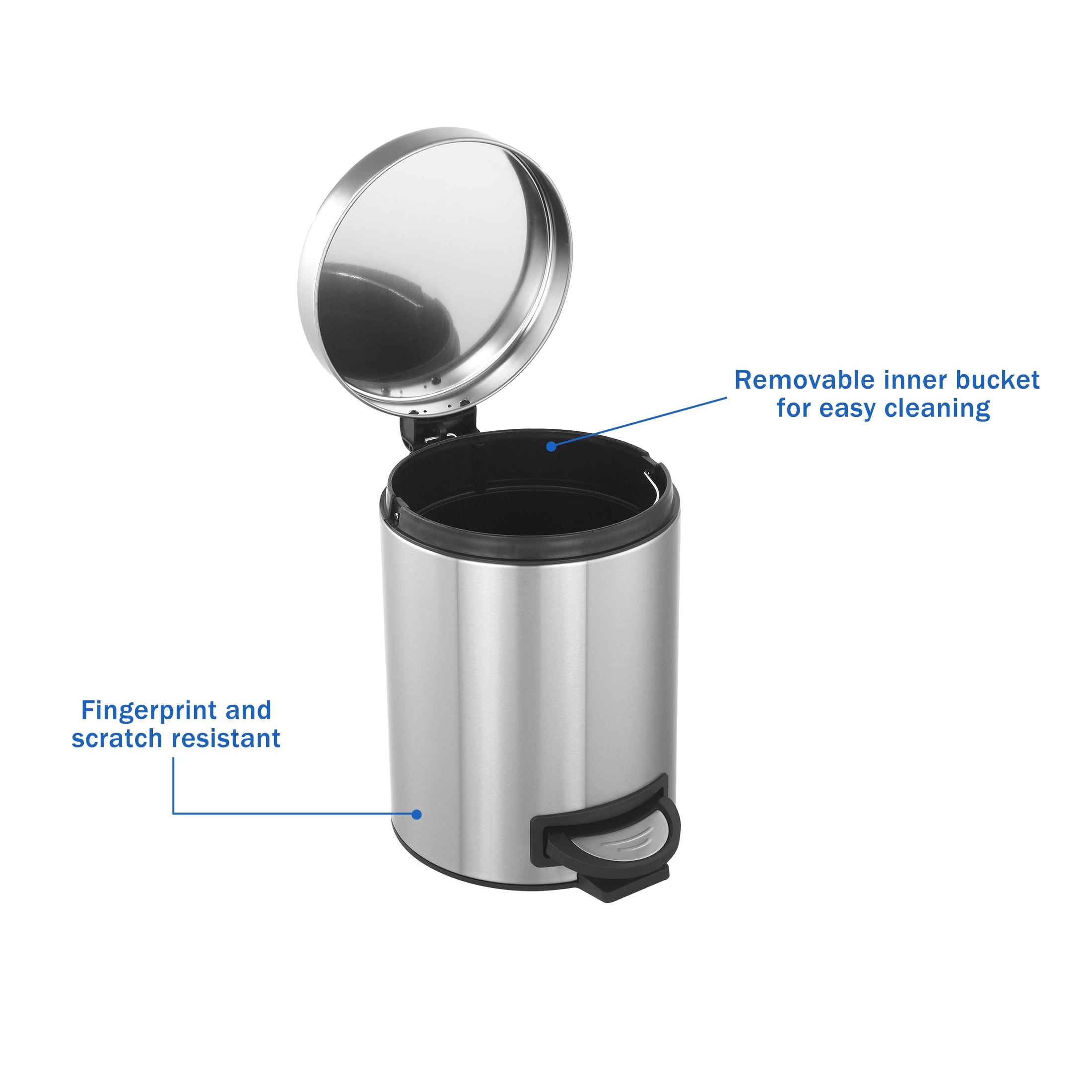 Koomade 2 Pack Bathroom Kitchen Trash Can, 1.3 Gallon Stainless Steel Step Round Garbage Bin, Silver