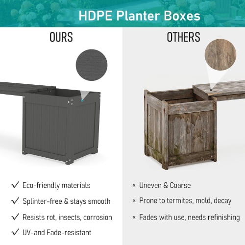 HDPE 2-in-1 Outdoor Bench with Flower Boxes, Open-Bottom Planter, Garden Patio Seating, 71 in W, Grey