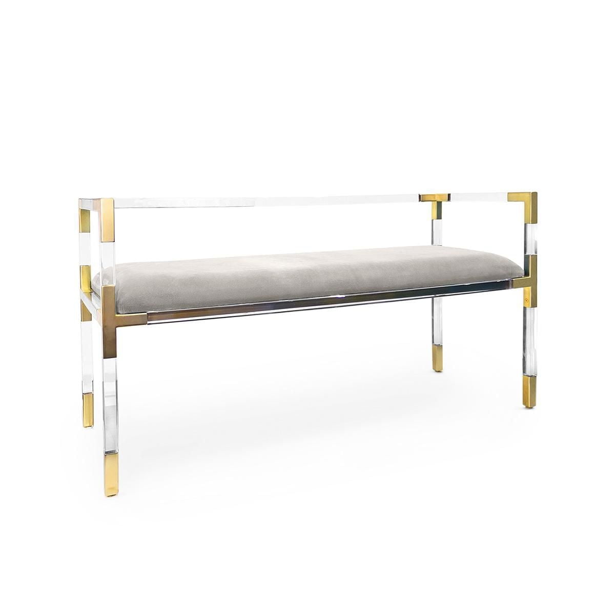 Doyle Bench in Clear, Acrylic Bench, Velvet Bench, Modern Bench with brushed brass details, Gold Bench, Clear Bench with brass details, Grey Velvet Bench, Stylish Bench, Entryway Bench, Living Room Be