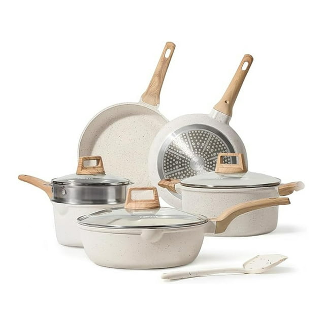 Bateria de Cocina Brandtrendy Granito Blanco Antiadherente 10 piezas Ollas, Sartenes, Vaporera y Tapas