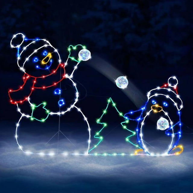 Christmas Light String Figurine Ornament Penguin Fun Animated Snowball Fight Active Frame Decor Snowman LED Night Light Luminous Indoor Outdoor Party Garden Lawn Figurine