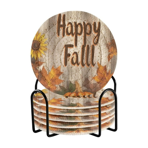 Happy Fall Greeting Card Drink Coasters with Holder Absorbent Coaster for Coffee Table Room Decor 6 Pack