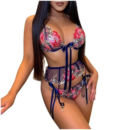 

QWERTYU Sexy Embroidery Lingerie Set for Women 3PCS Teddy Mesh Lingerie Babydoll High Waisted Bra and Panty Sets with Garter Blue 3XL
