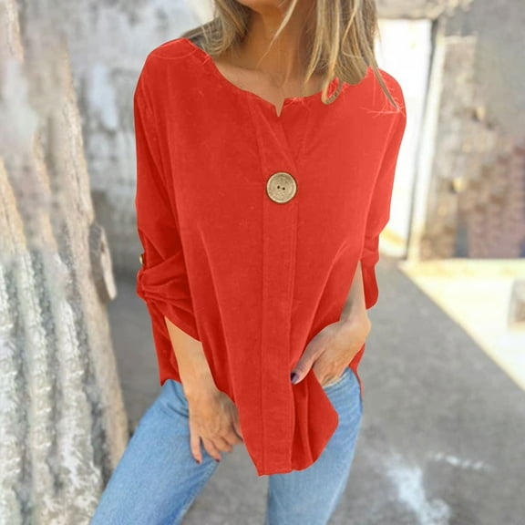 Ounisa Womens Casual Long Sleeve Tops Round Neck Shirt Button Basic Tees Fall Winter Sweater Wearring with Leggings 2025