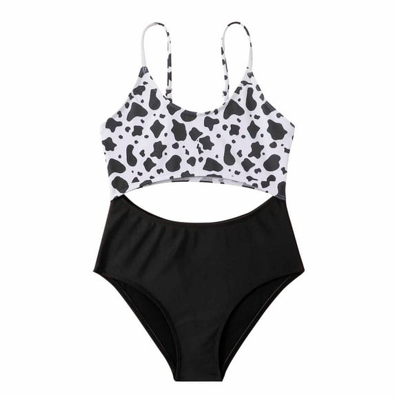 Zwiiyzr One Piece Swimsuit for Girls Baby Swimwear Children's Cut Out Cow Printing Sleeveless Surfing Bathing Suit Swimming Suit, 8-14 Years, Black