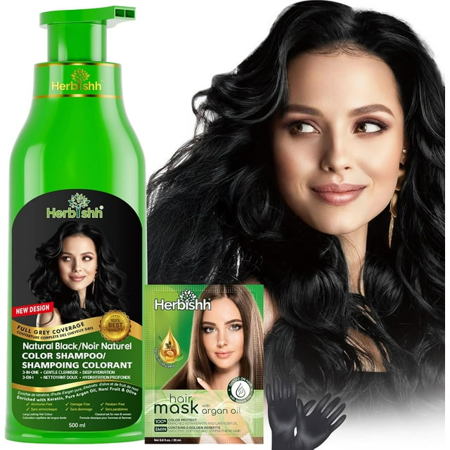 Herbishh Shampooing Colorant Noir pour Cheveux Gris, Permanent, Hommes et Femmes (500 ml)